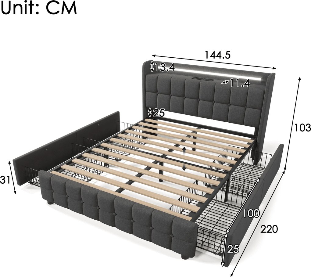 Pat cu tăblie USB și iluminare LED, 4 sertare, structură din lemn, tăblie tapițată, 140x200 cm, Gri