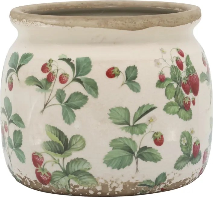Ghiveci din ceramică crem cu model căpșuni „Fraises”, H13/D15.5 cm