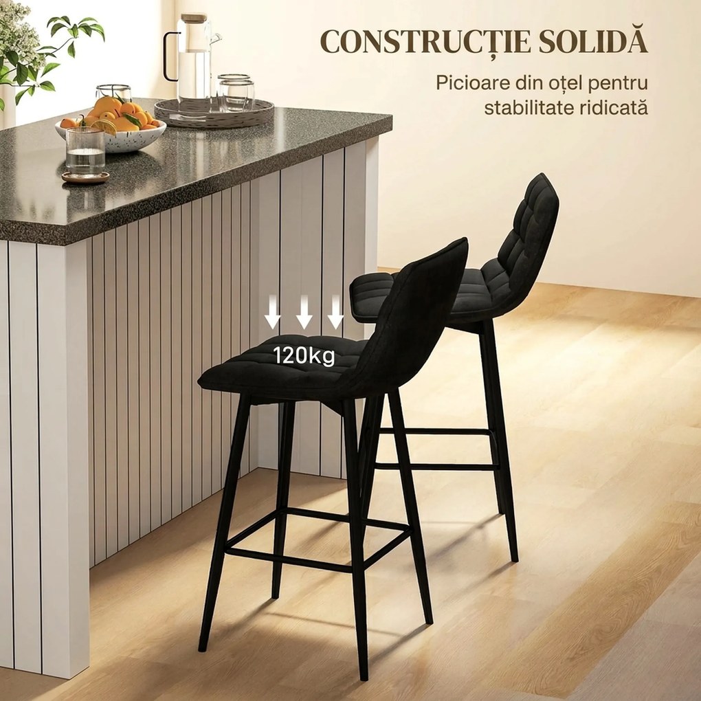 HOMCOM Set 2 Scaune cu Spătar și Suport pentru Picioare, Scaune cu Spătar din Material de Catifea, 45x47x84 cm, Negru | Aosom Romania