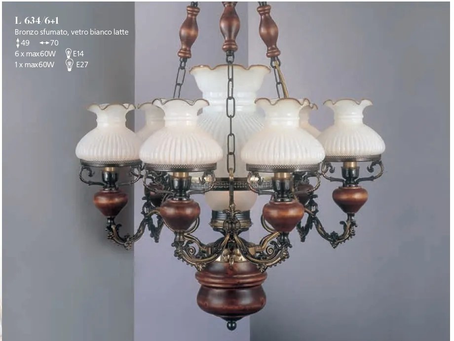 Candelabru cu 6 brate design italian din alama cu lemn 634