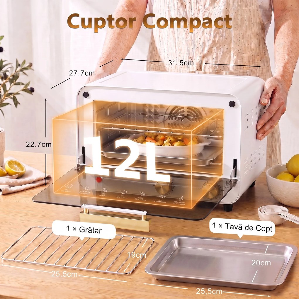 HOMCOM Cuptor Electric cu 2 Înălțimi cu Temporizator și Temperatură Reglabilă, 31,5x27,7x22,7 cm, Alb | Aosom Romania
