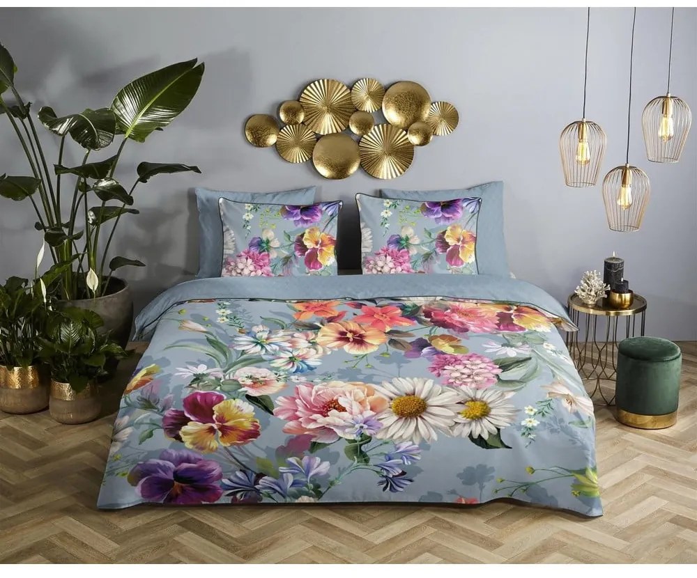 Lenjerie de pat din bumbac organic pentru pat dublu Descanso Sunflower, 200 x 220 cm, gri