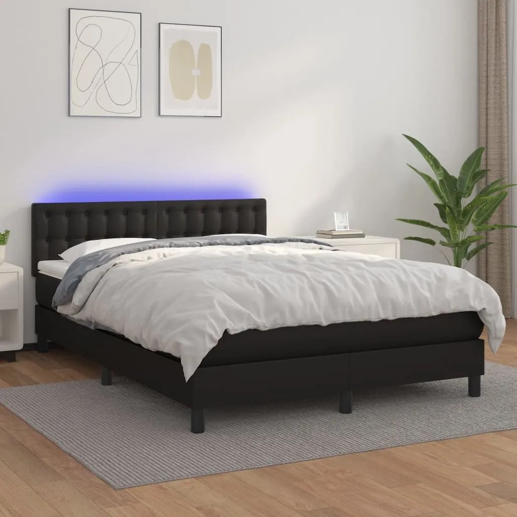 vidaXL Pat continental cu saltea &amp; LED, negru, 140x190 cm, piele eco