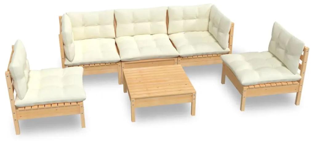 Set mobilier gradina cu perne crem, 6 piese, lemn masiv de pin maro si crem, 1