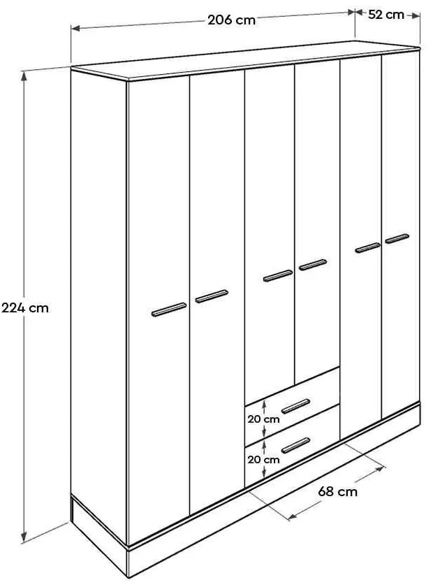 Dulap Haine Adore Base, 6 usi, 2 sertare, Alb, 206 x 224 x 52 cm