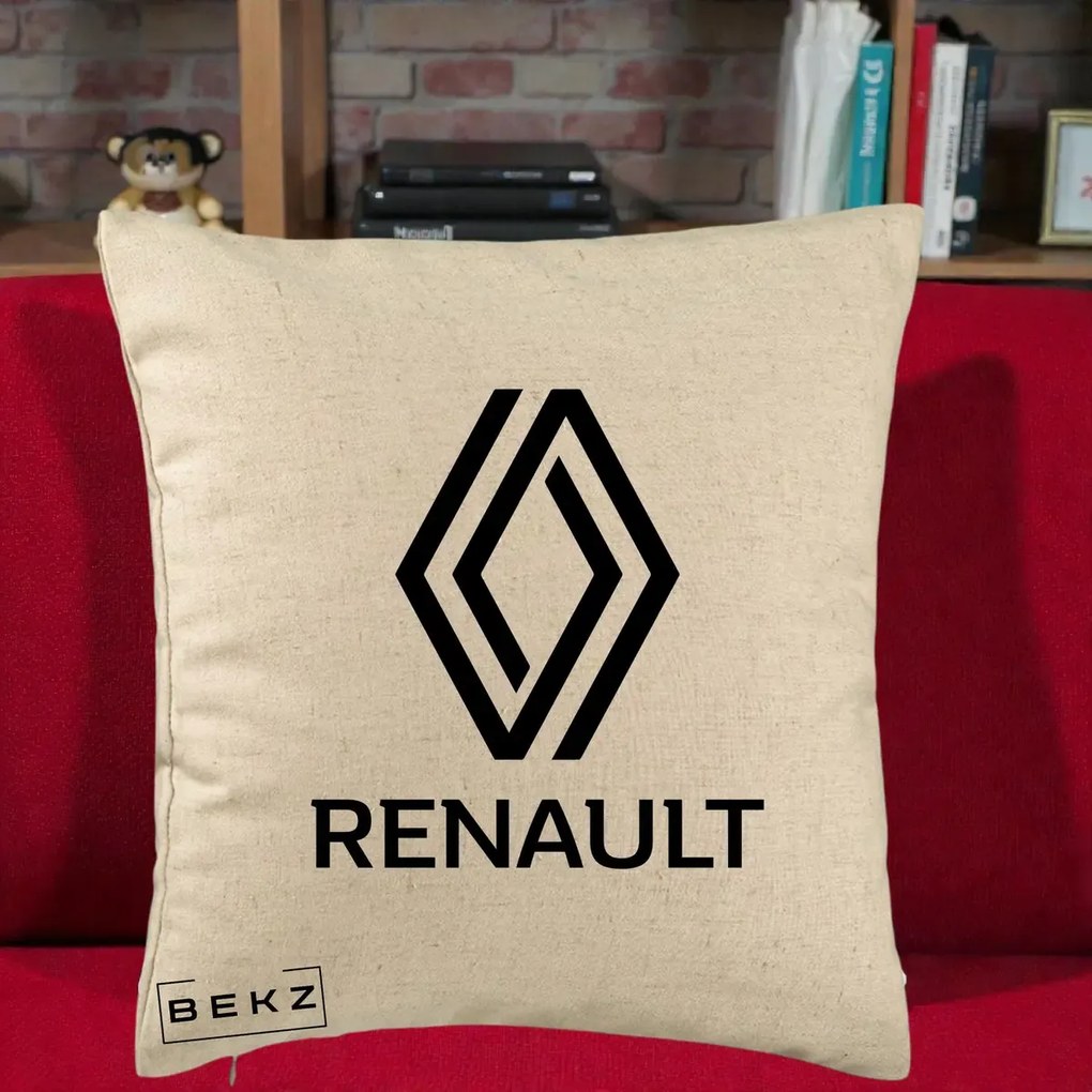 Perna Personalizata cu emblema Renault, 40x40 cm, Bej, Husa Detasabila, Perna Inclusa, BEKZ®