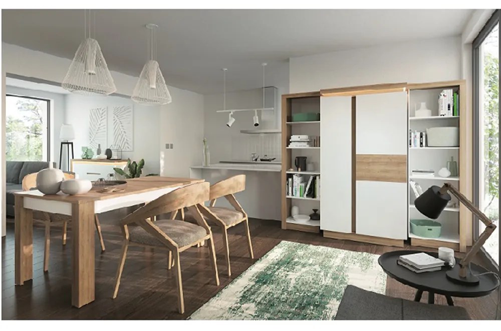 Etajeră LYOR01, stejar riviera/alb extra lucios HG, stânga, LEONARDO