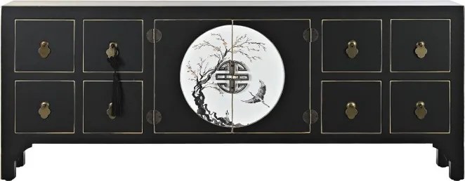 Comodă TV living din lemn, negru, cu 2 uși, 8 sertare și medalion oriental cu ramură înflorită, 51 x 130 x 26 cm, „Zenora”