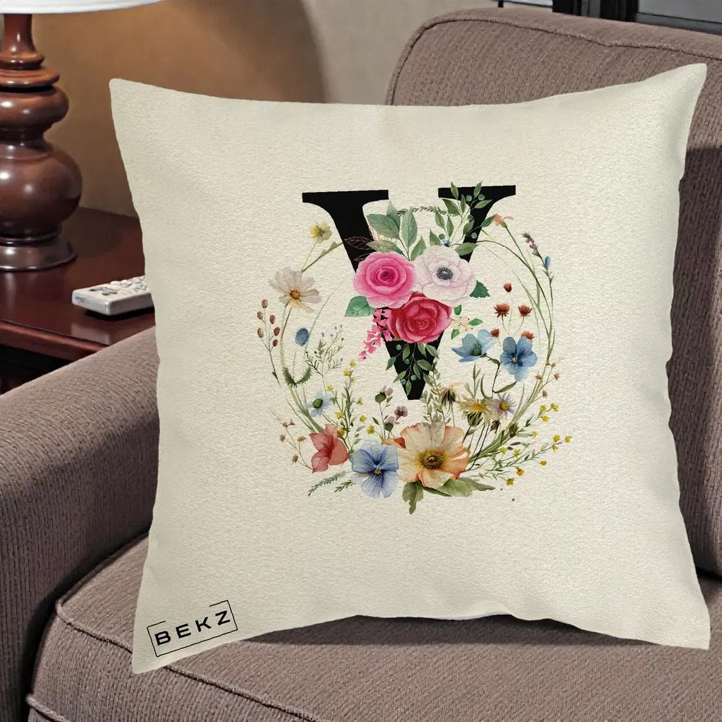 Cadou Personalizat - Perna Personalizata Monograma Florala Litera V cu Coroana, 40x40 cm, Ecru, Husa Detasabila, Perna Inclusa, BEKZ®