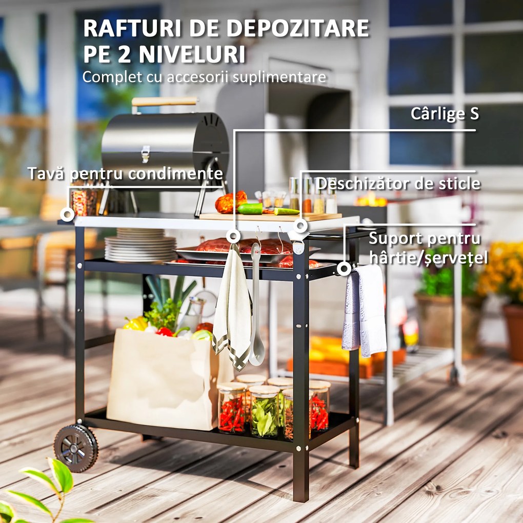 Outsunny Cărucior pentru Grătar cu Blat din Oțel Inoxidabil și Raft Reglabil, 100x52x80 cm, Negru | Aosom Romania