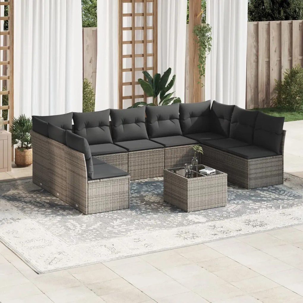 vidaXL Set mobilier de grădină cu perne, 10 piese, gri, poliratan