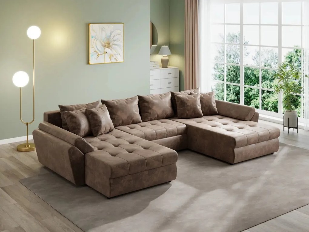 Colțar extensibil dumonde cu ladă de depozitare si sezut confortabil din spuma high-density, Loana U Madagaskar Brown 355x185 cm