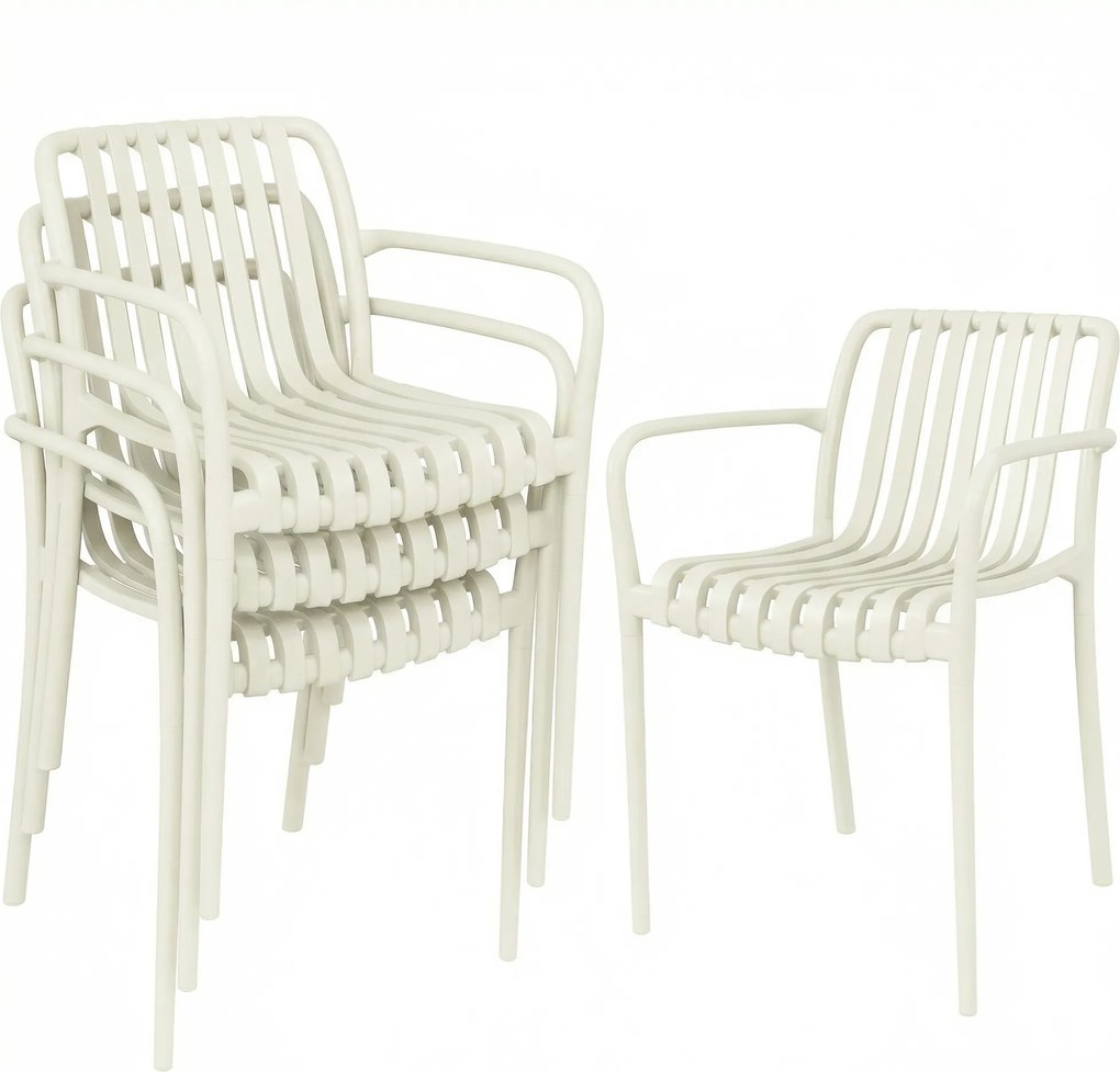 Outsunny Set 4 scaune de grădină stivabile, scaune de terasă cu design în lamele și cotiere, ergonomice, alb crem | Aosom Romania