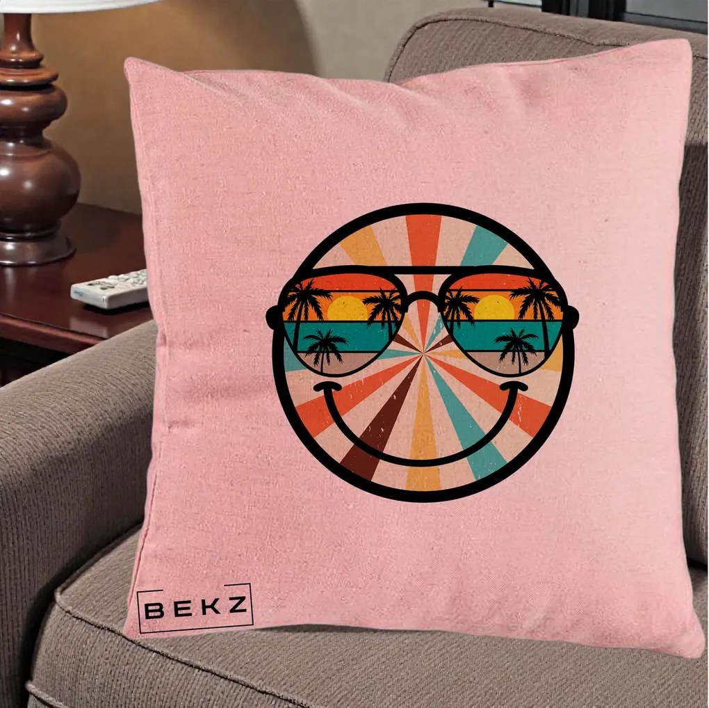 Perna Decorativa Smiley Face Retro Sunset Palmieri, 40x40 cm, Roz, Husa Detasabila, Perna Inclusa, BEKZ®
