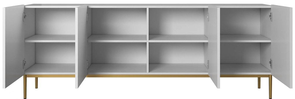 Comodă pe picioare metalice Nicole 200 cm - alb mat / picioare aurii