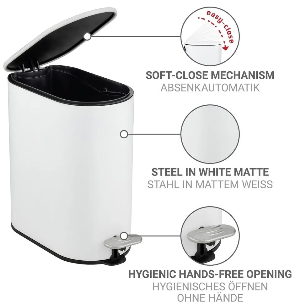 Coș de gunoi alb mat cu pedală din oțel 5 l Collungo – Wenko