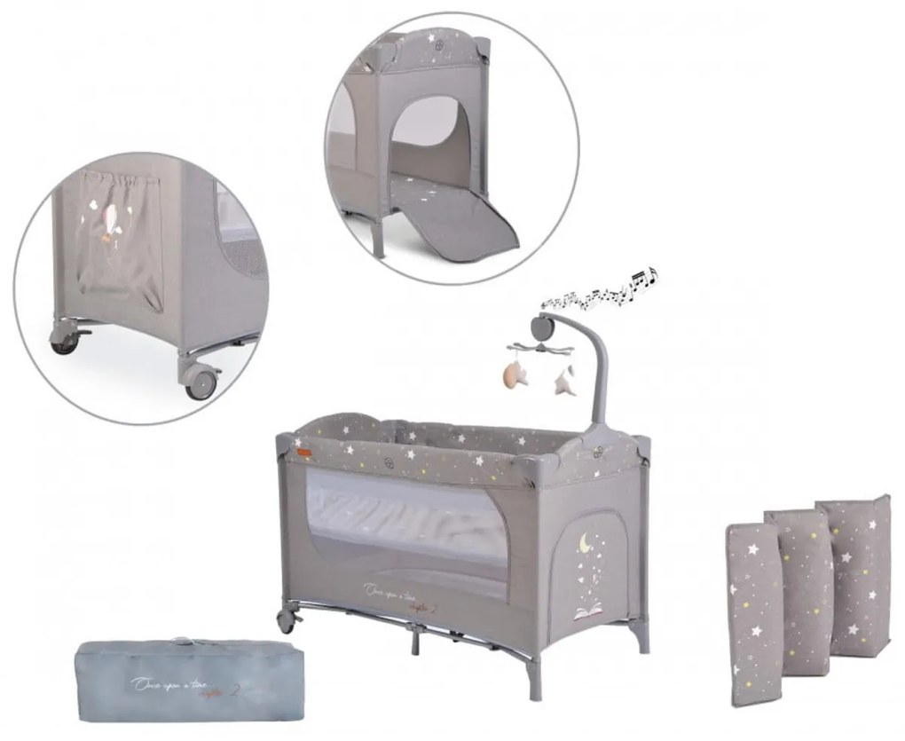 Patut pliant transformabil in tarc copii NOVOKIDS™ Onceuponatime NEST, 62X125 cm, 2 Niveluri, Jucarie Carusel muzical, Fermoar acces lateral, Gri