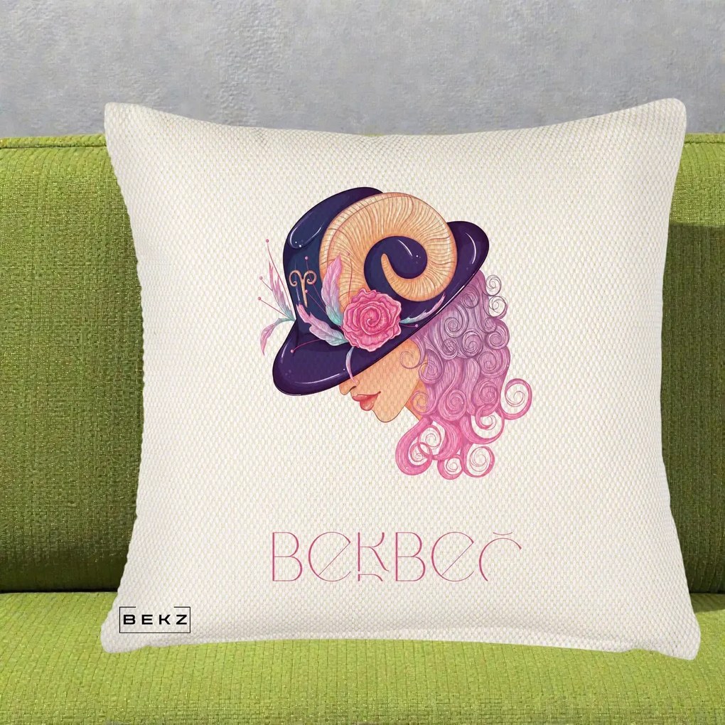 Perna Personalizata Zodie Berbec, 40x40 cm, Crem Reliefat, Husa Detasabila, Perna Inclusa, BEKZ®