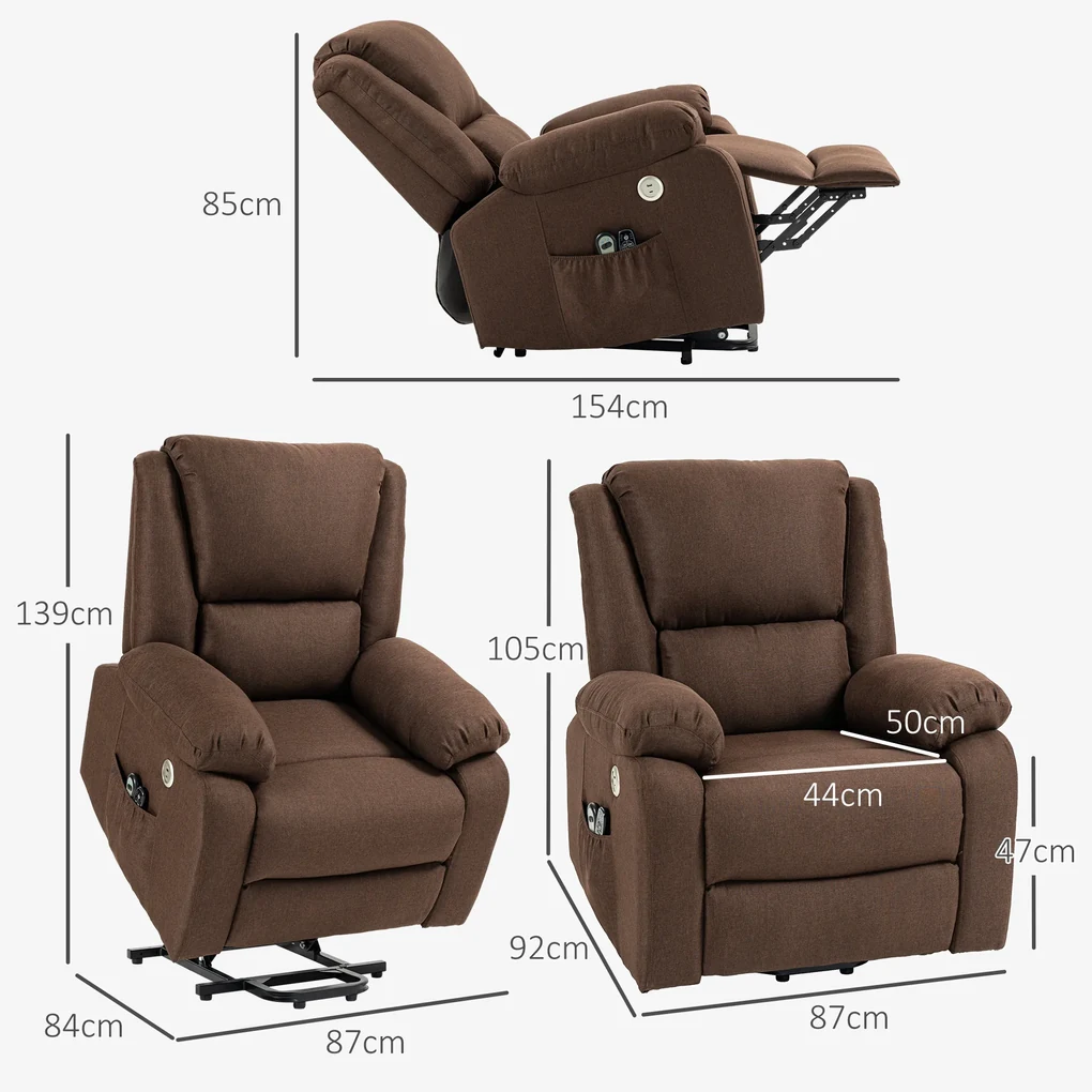 HOMCOM Scaun Electric Rabatabil cu 8 Puncte de Masaj și Suport pentru Picioare, Fotoliu Modern din Țesătură, 87x92x105 cm, Cafea | Aosom Romania