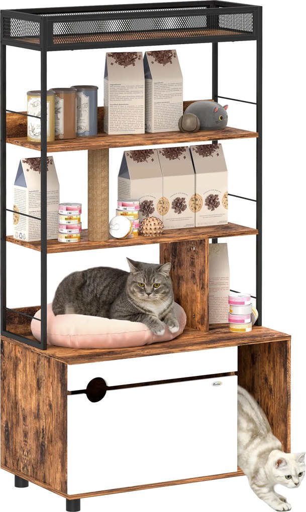 PawHut Litieră cu raft în 3 niveluri și stâlp pentru zgâriat, casă închisă pentru pisici, 80 x 48 x 152 cm, Maro | Aosom Romania