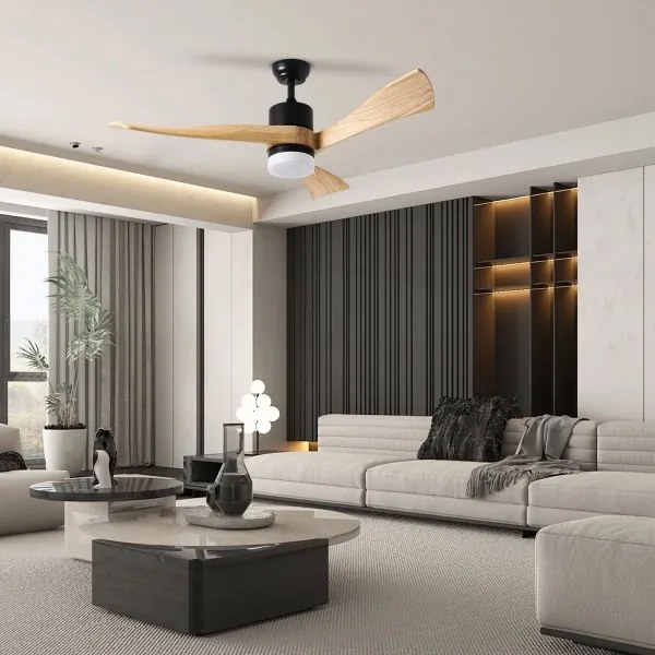 ZEVENTI - NATURITO ventilator de tavan LED, 18W, 230V, Wi-Fi Tuya, negru/stejar + telecomandă