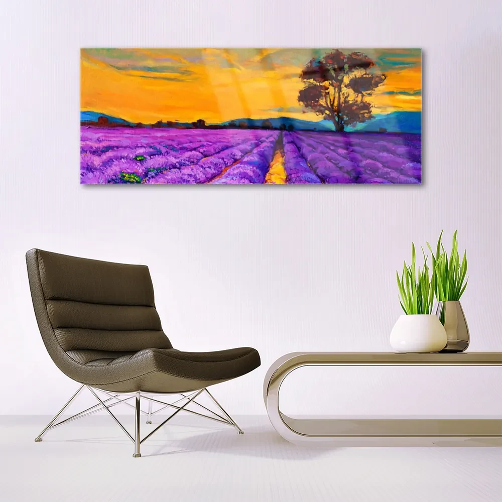 Tablou pe sticla Câmp Peisaj Violet Galben Maro