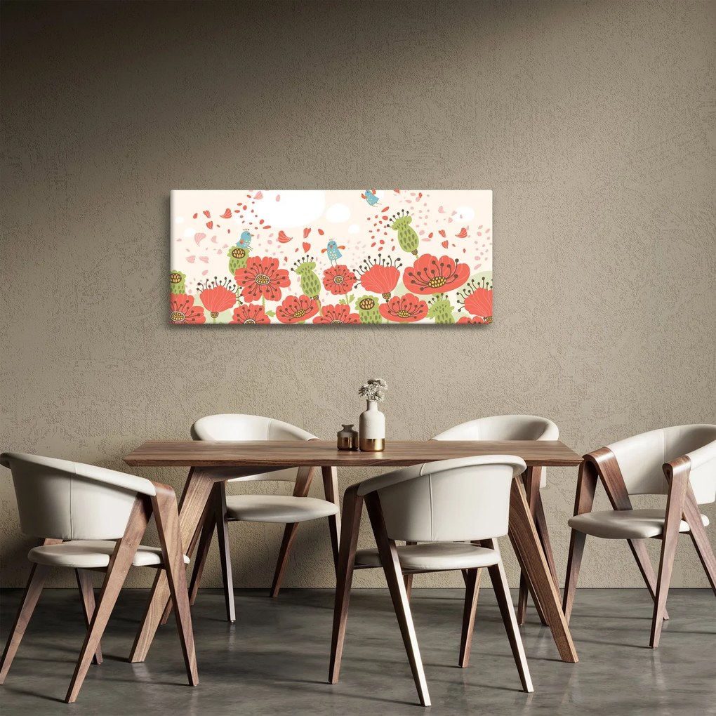 Tablou - Păsări pe o pajiște înflorită (120x50 cm)