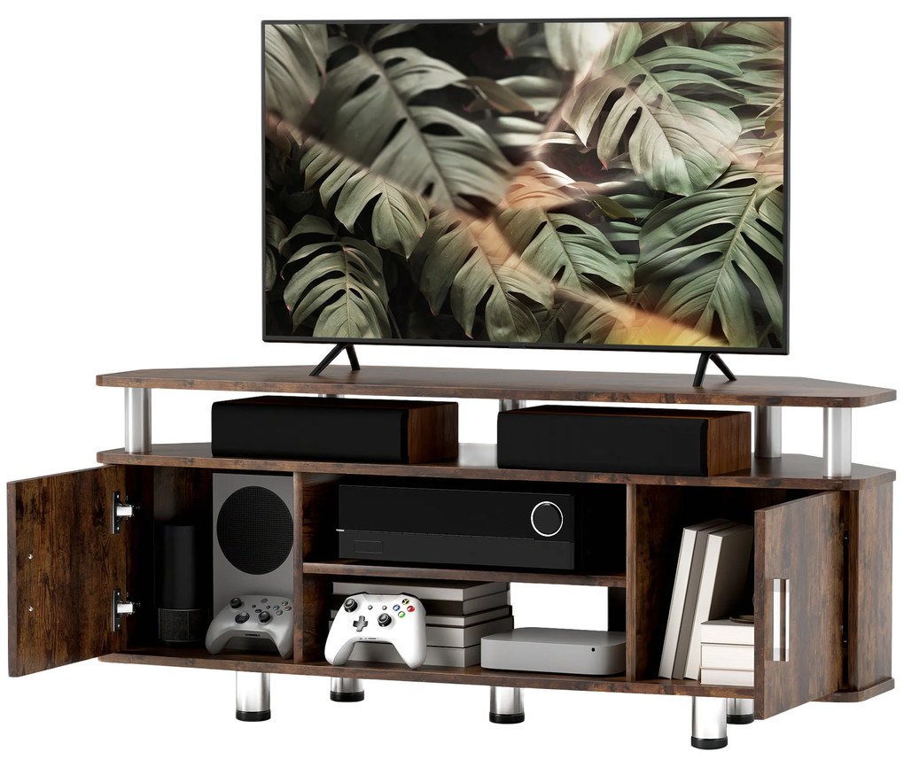 HOMCOM Stand TV pentru televizoare de până la 55 cu suprafață mare, dulapuri cu uși și compartiment deschis, maro | Aosom Romania