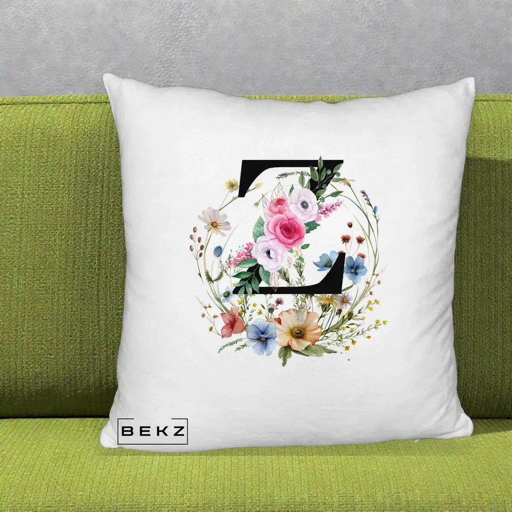 Cadou Personalizat - Perna Personalizata Monograma Florala Litera Z cu Coroana, 40x40 cm, Alb Pufos, Husa Detasabila, Perna Inclusa, BEKZ®