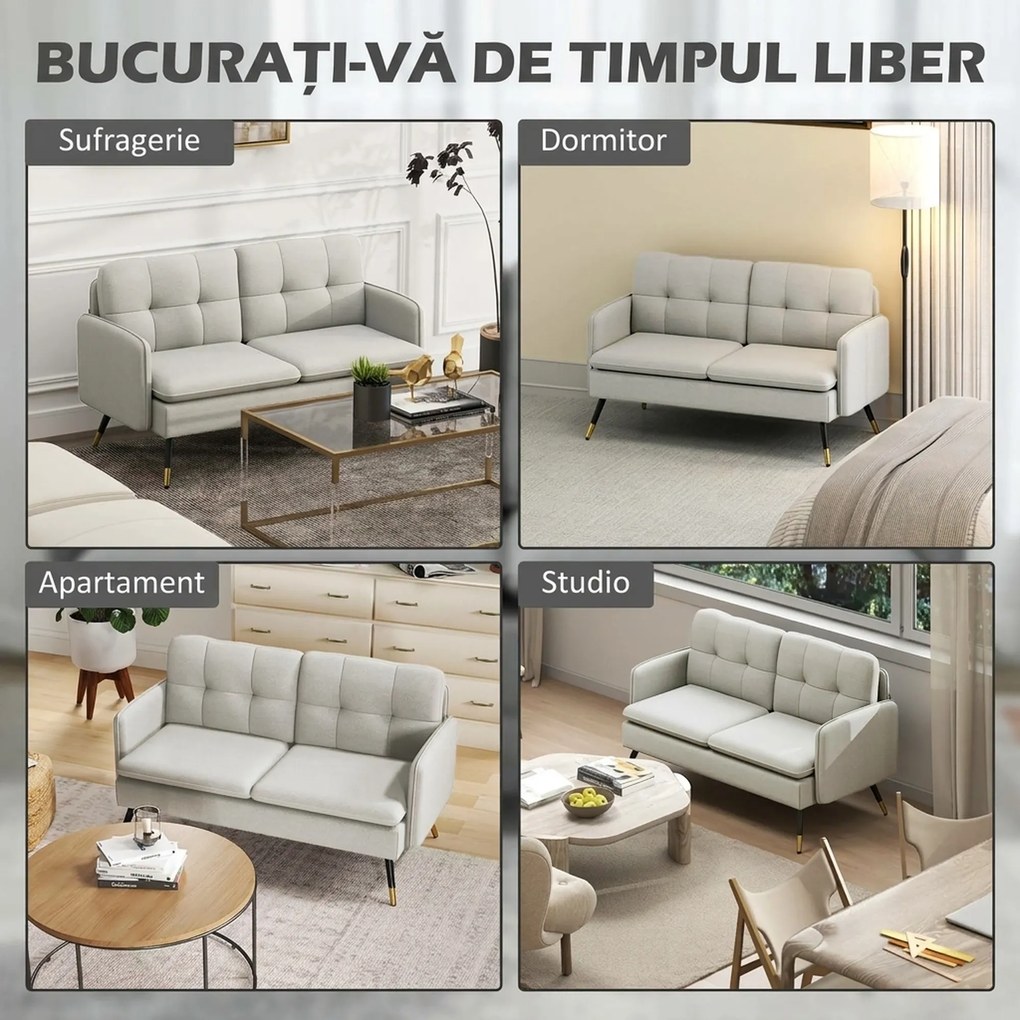 HOMCOM Divano 2 Posti in Tessuto Effetto Lino con Braccioli e Cuscini Imbottiti, Divanetto 2 Posti Moderno con Gambe in Acciaio, per Ufficio, Soggiorno, Salotto e Camera da Letto, 139x68x80 cm, Crema | Aosom Romania