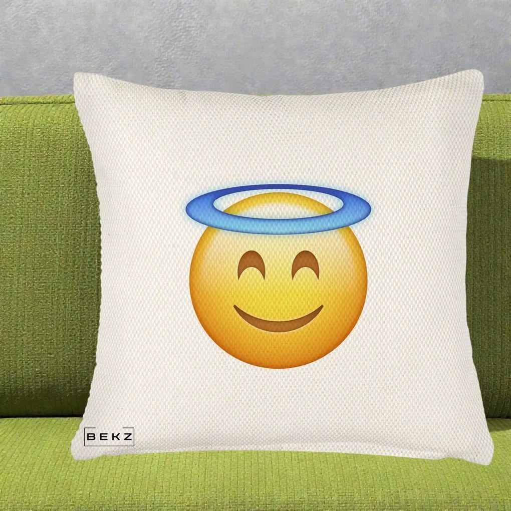 Perna Decorativa Emoji Inger cu Aureola, 40x40 cm, Crem Reliefat, Husa Detasabila, Perna Inclusa, BEKZ®