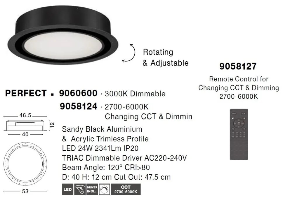 Plafoniera LED incastrabila reglabila PERFECT 40cm negru 3000K Dimmable