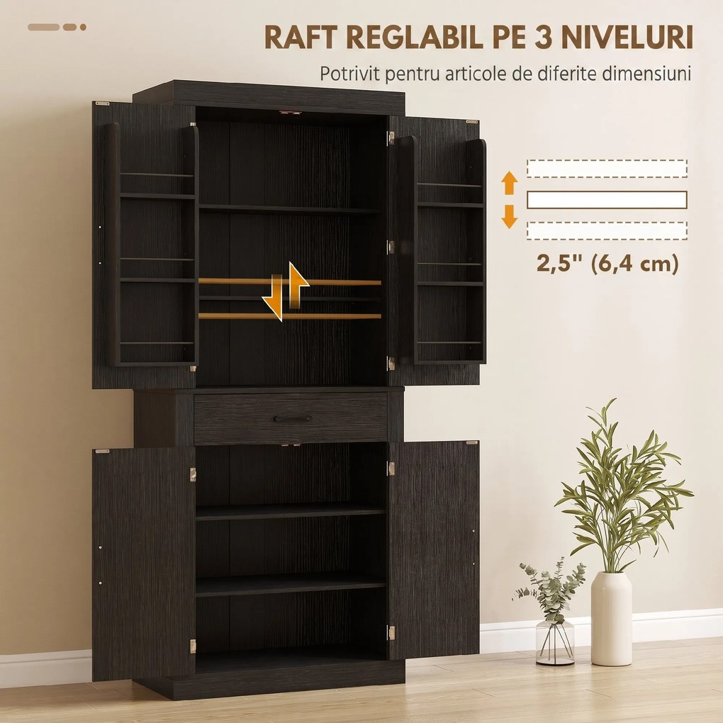 HOMCOM Dulap cămară de bucătărie în stil country, cu 2 dulapuri, 6 rafturi și sertar, din lemn, 76 x 39,5 x 183,5 cm, negru | Aosom Romania