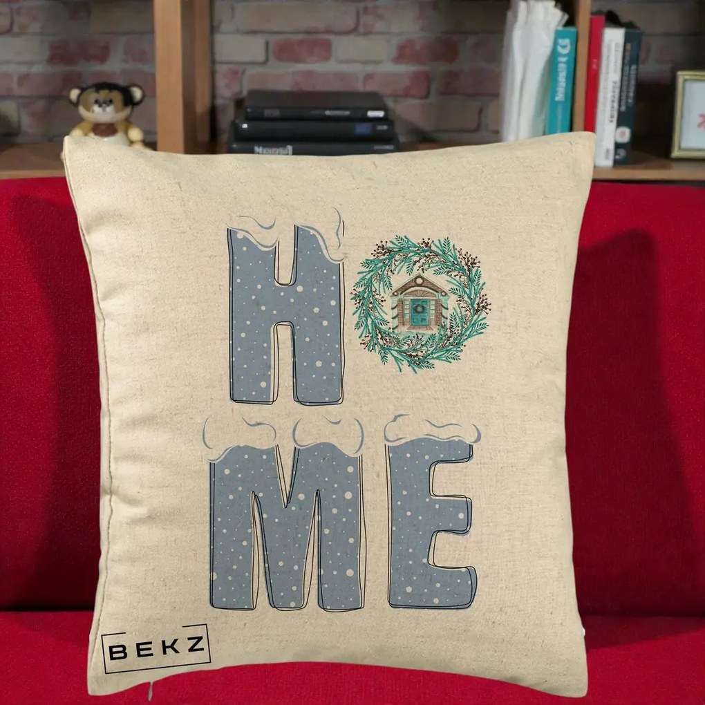 Perna Decorativa HOME Iarna cu Coroana, 40x40 cm, Bej, Husa Detasabila, Perna Inclusa, BEKZ®