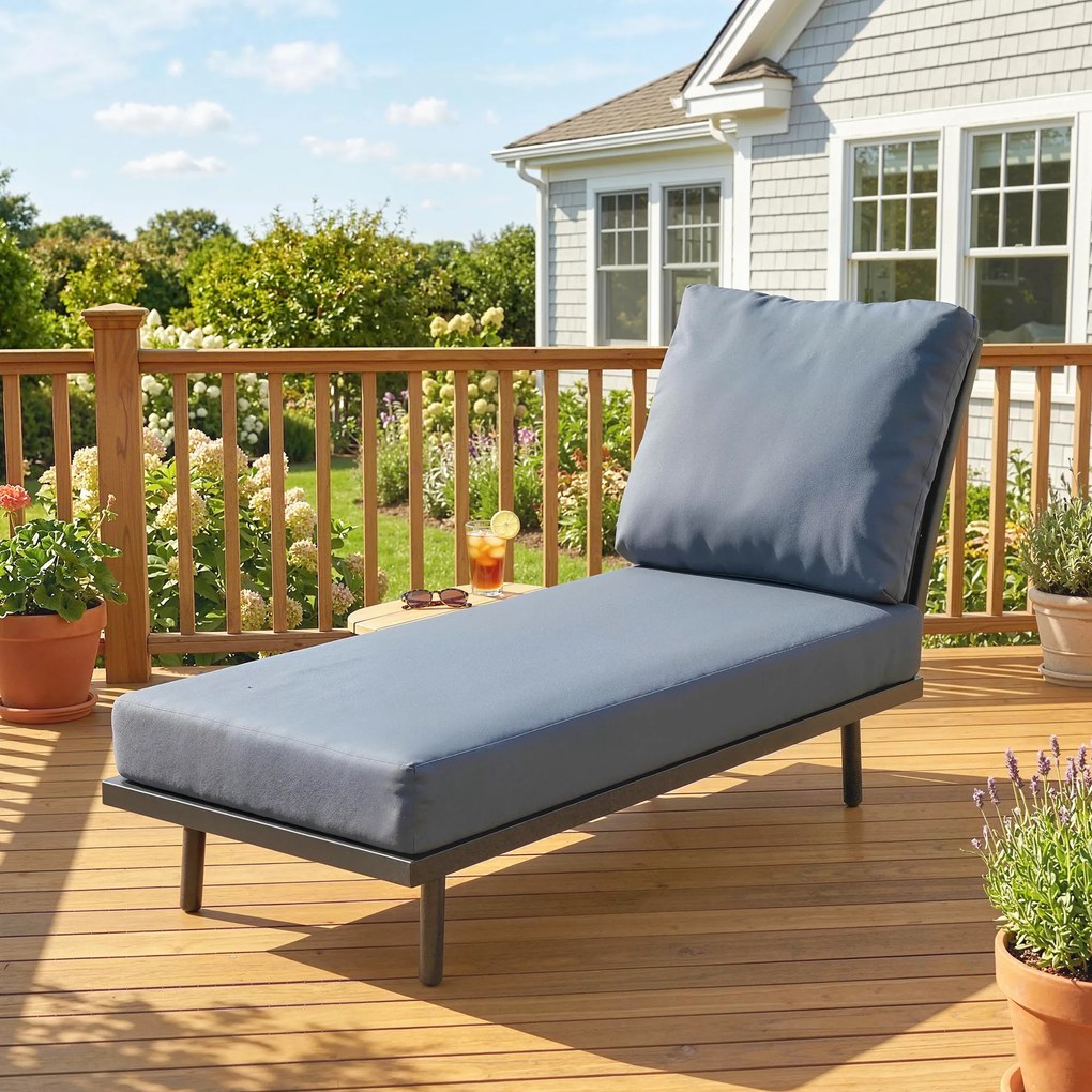 Outsunny Șezlong de grădină cu perne lavabile din olefină și raft lateral, cadru metalic, 58x137x75cm, gri | Aosom Romania