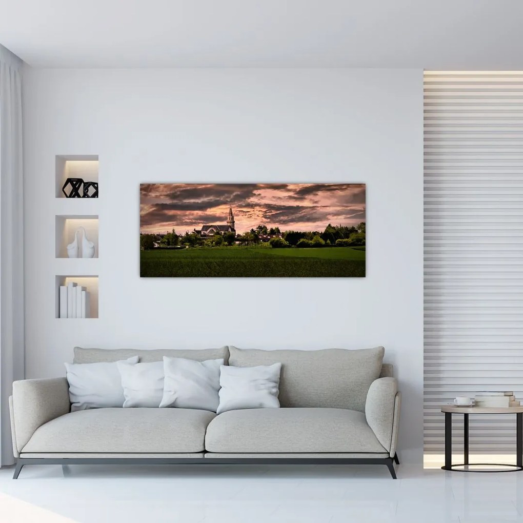 Tablou cu peisaj și biserică (120x50 cm)