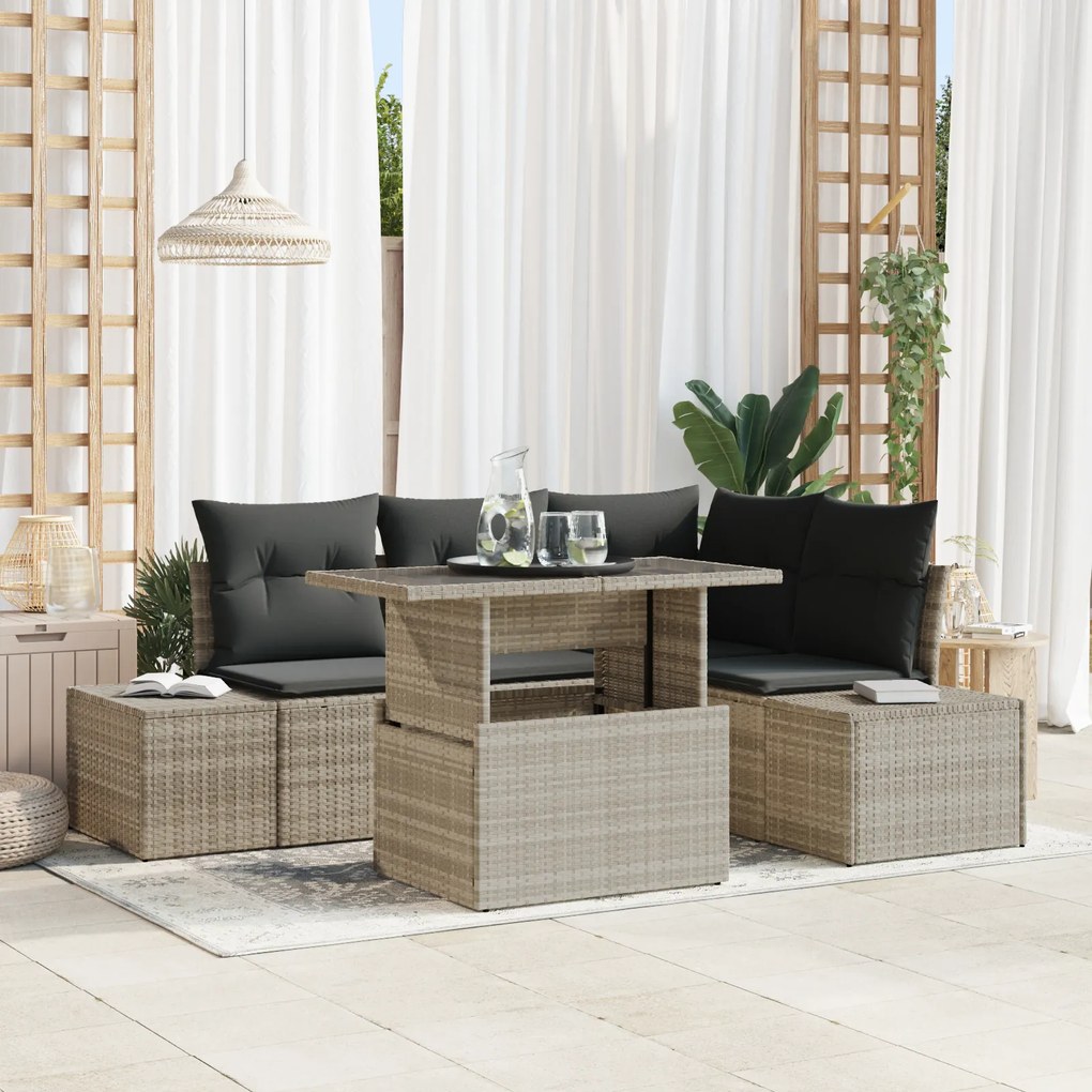 vidaXL Set de canapea de grădină cu 5 piese și perne, gri deschis, din rattan sintetic