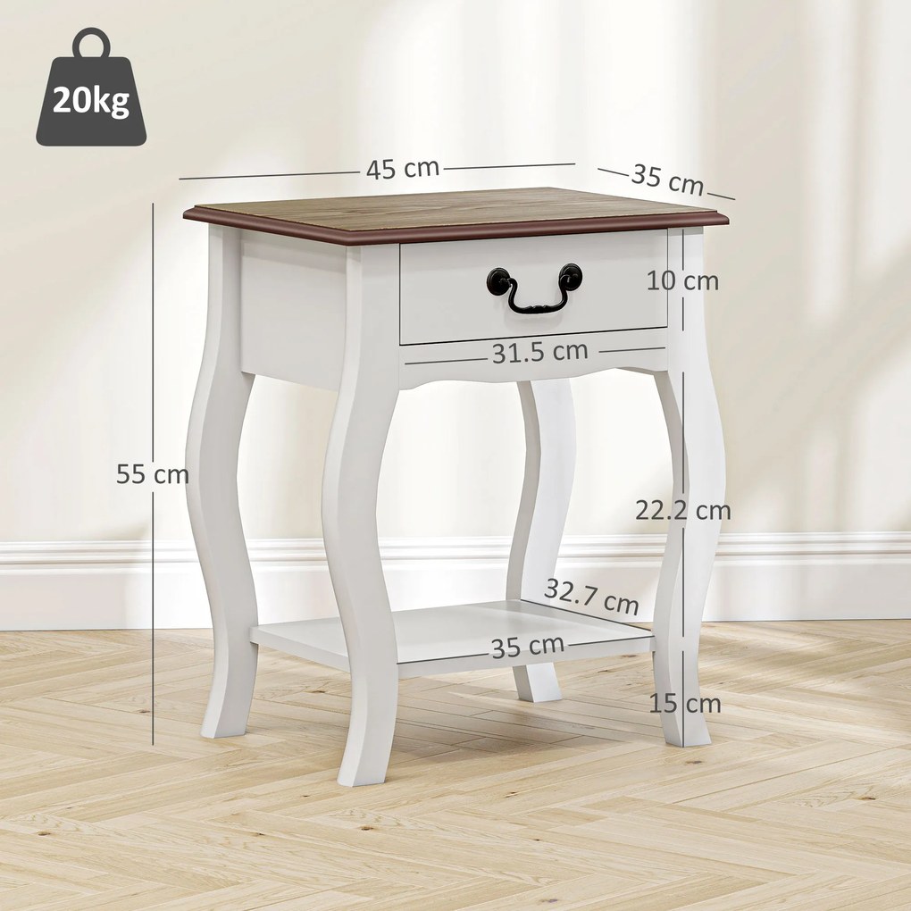 HOMCOM Noptieră Modernă cu Sertar și Raft Deschis din Lemn Alb și Lemn Natural | Aosom Romania