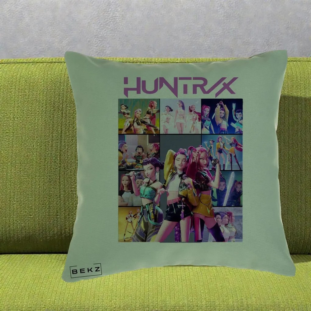 Perna Personalizata K-pop HUNTRX Colaj Animat Foto Grup, 40x40 cm, Verde, Husa Detasabila, Perna Inclusa, BEKZ®