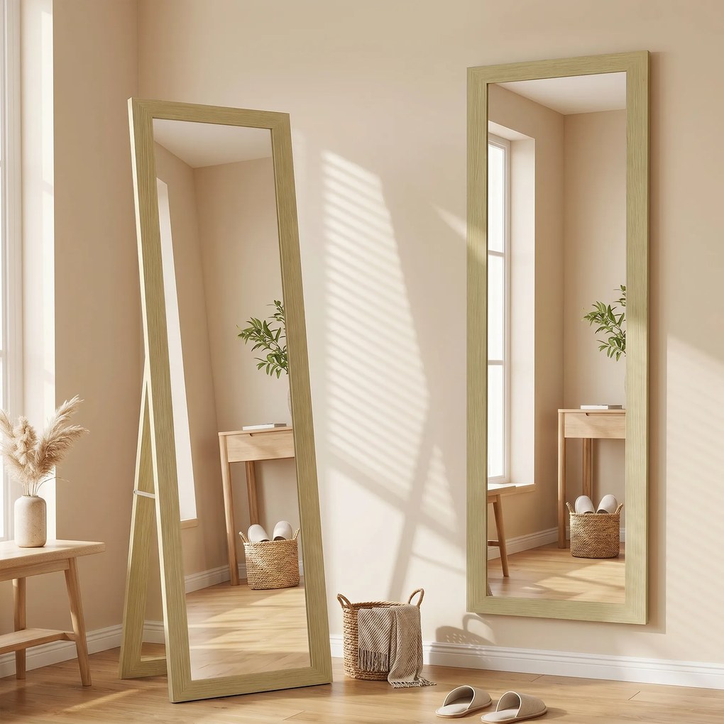 HOMCOM Oglindă cu Ramă din MDF, Picioare și Cârlige pentru Utilizare pe Podea sau pe Perete, 37x40x155 cm, Lemn Natural | Aosom Romania