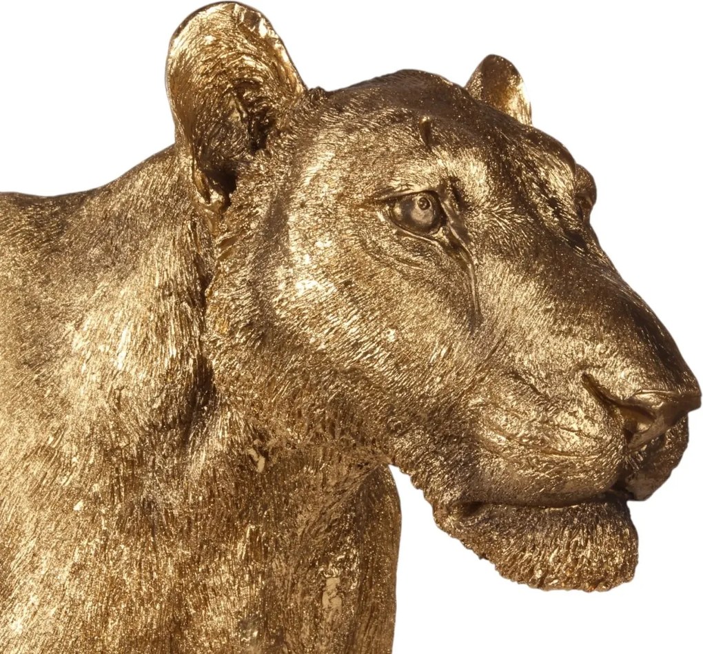 Statuetă decorativă din polirășină, auriu, leoaică în mers, finisaj lucios, 56 x 124 x 30 cm, „Sahel”