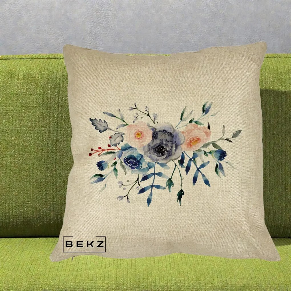Perna Decorativa Buchet Flori Albastre Acuarela, 40x40 cm, Crem, Husa Detasabila, Perna Inclusa, BEKZ®