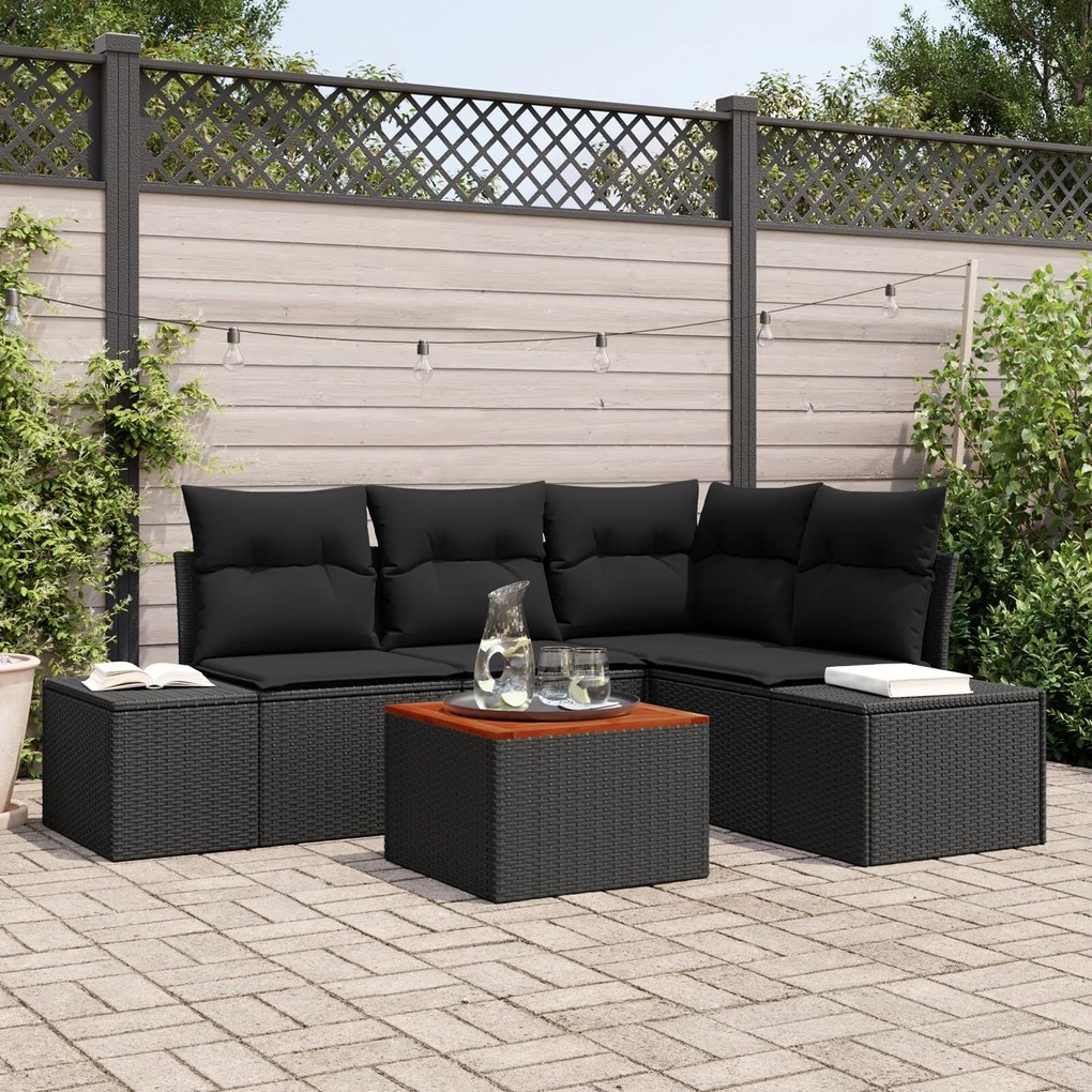 vidaXL Set de canapea de grădină de 5 piese cu perne, ratan poly negru și acacia