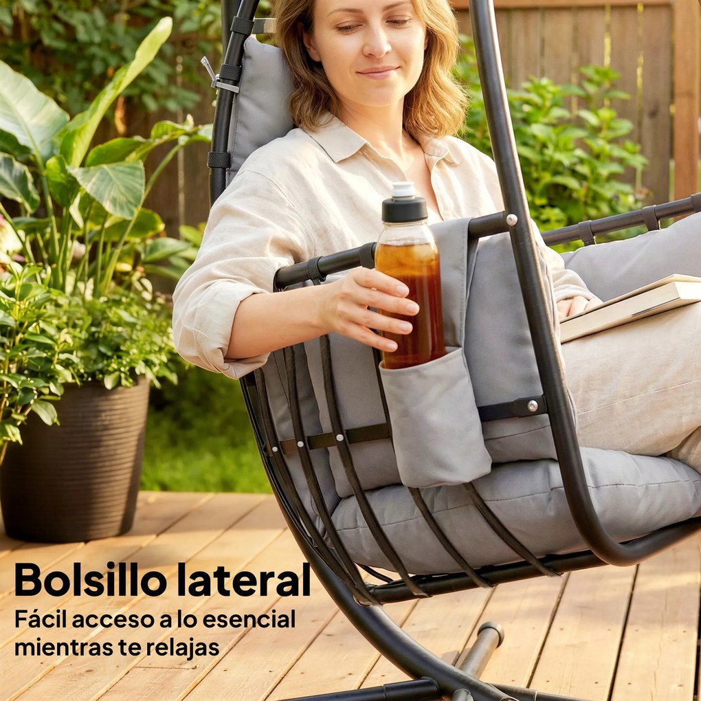 Outsunny Fotoliu Suspendat Tip Ou cu Suport Coș Pliabil Tetieră Pernă Buzunar Lateral Sarcină 120 kg Gri Închis | Aosom Romania