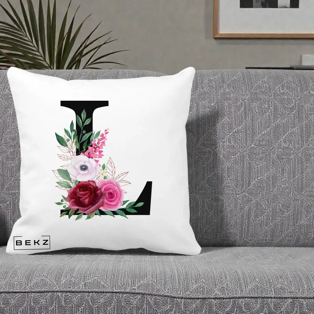 Cadou Personalizat - Perna Personalizata Monograma Florala Litera L, 40x40 cm, Alba Mata, Husa Detasabila, Perna Inclusa, BEKZ®