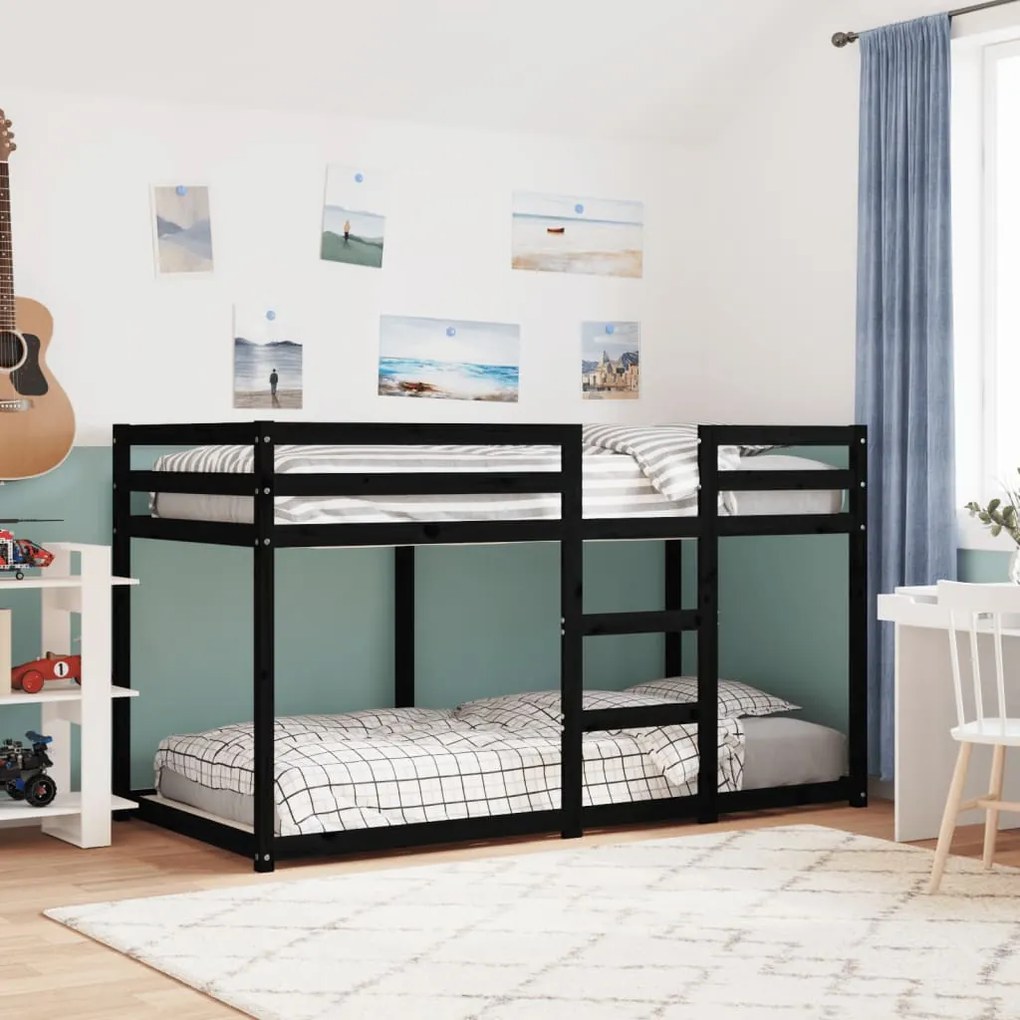 3206509 vidaXL Pat supraetajat, negru, 90x190 cm, lemn masiv de pin