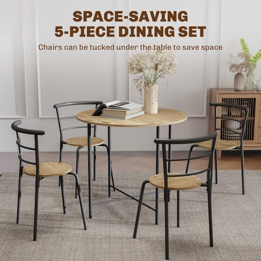 HOMCOM Set Masă Rotundă de Dining cu 4 Scaune Economisitor de Spațiu în Lemn și Metal Stil Industrial | Aosom Romania
