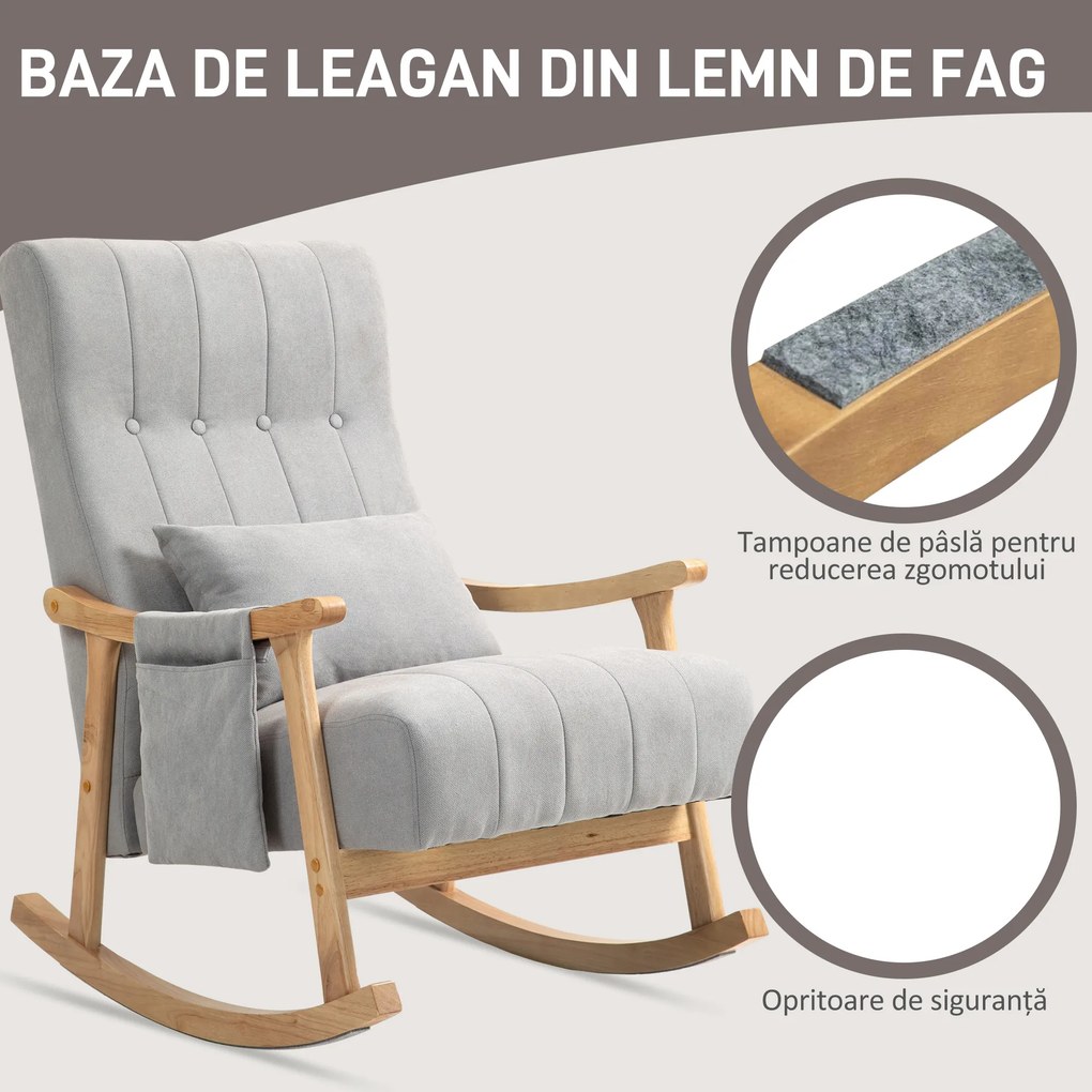 HOMCOM Fotoliu balansoar tapițat, din țesătură cu aspect de in, șezut adânc, picioare din lemn de cauciuc, gri | Aosom Romania