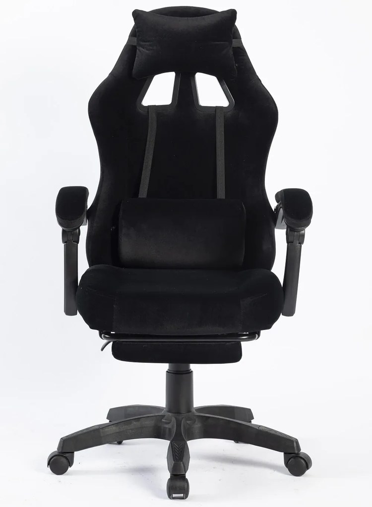 Scaun gaming, masaj în perna lombară, suport picioare, negru, catifea