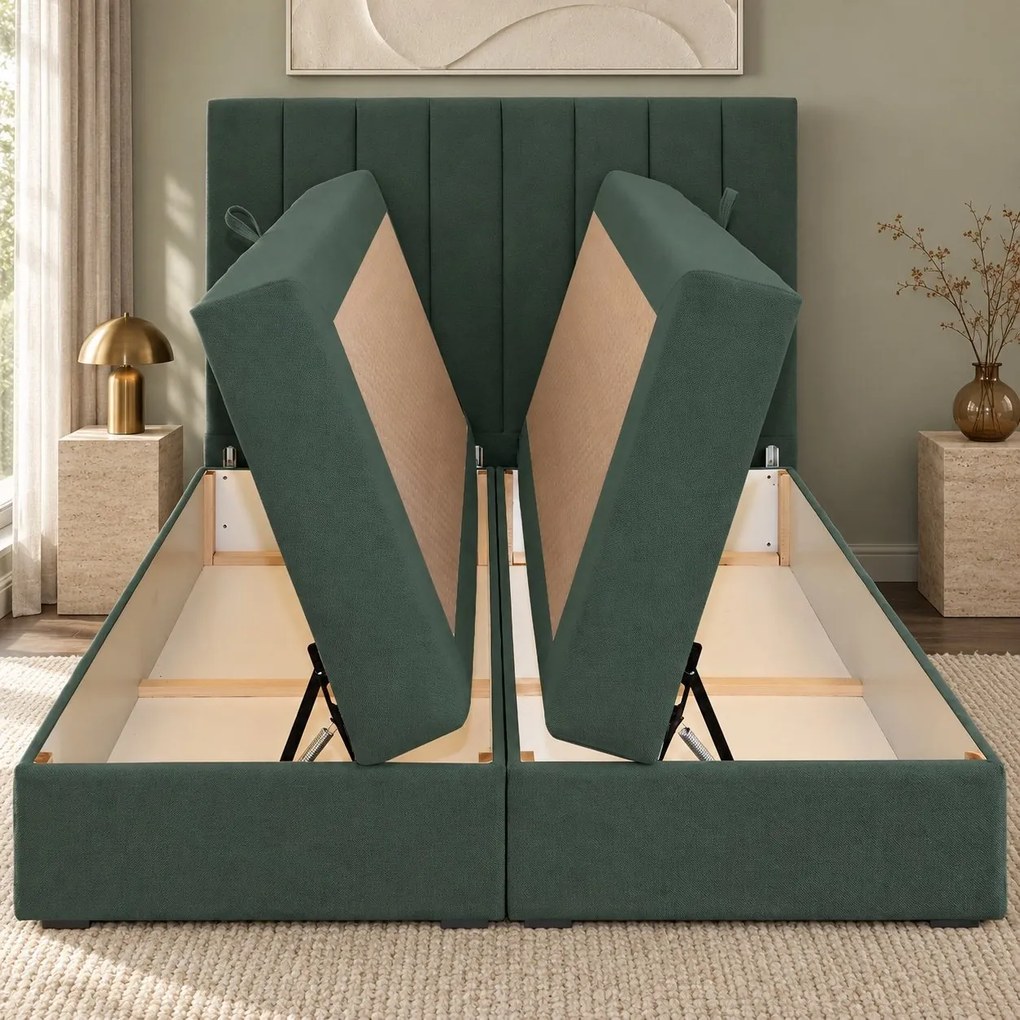 Pat boxspring din catifea Novella cu ladă 160×200 cm, verde
